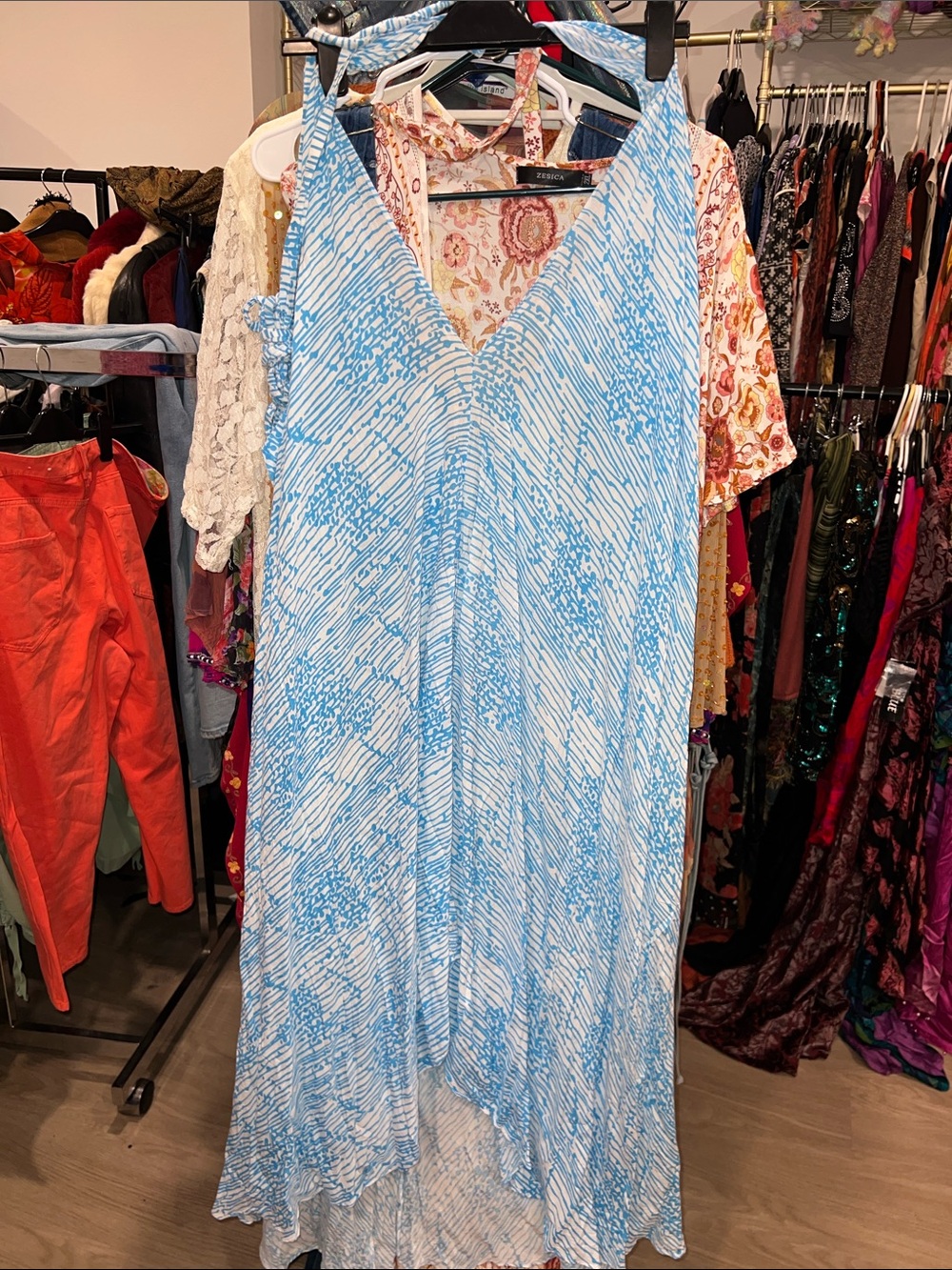Revolve Vix Blue and White Printed open back halter Maxi Dress